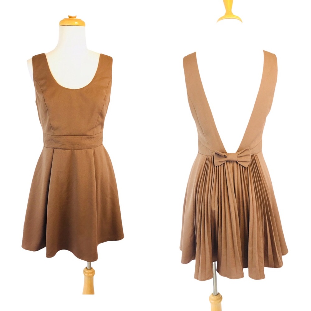 Double Zero Womens A Line Dress Open Pleated Back Bow Brown Size Small - Picture 12 of 15